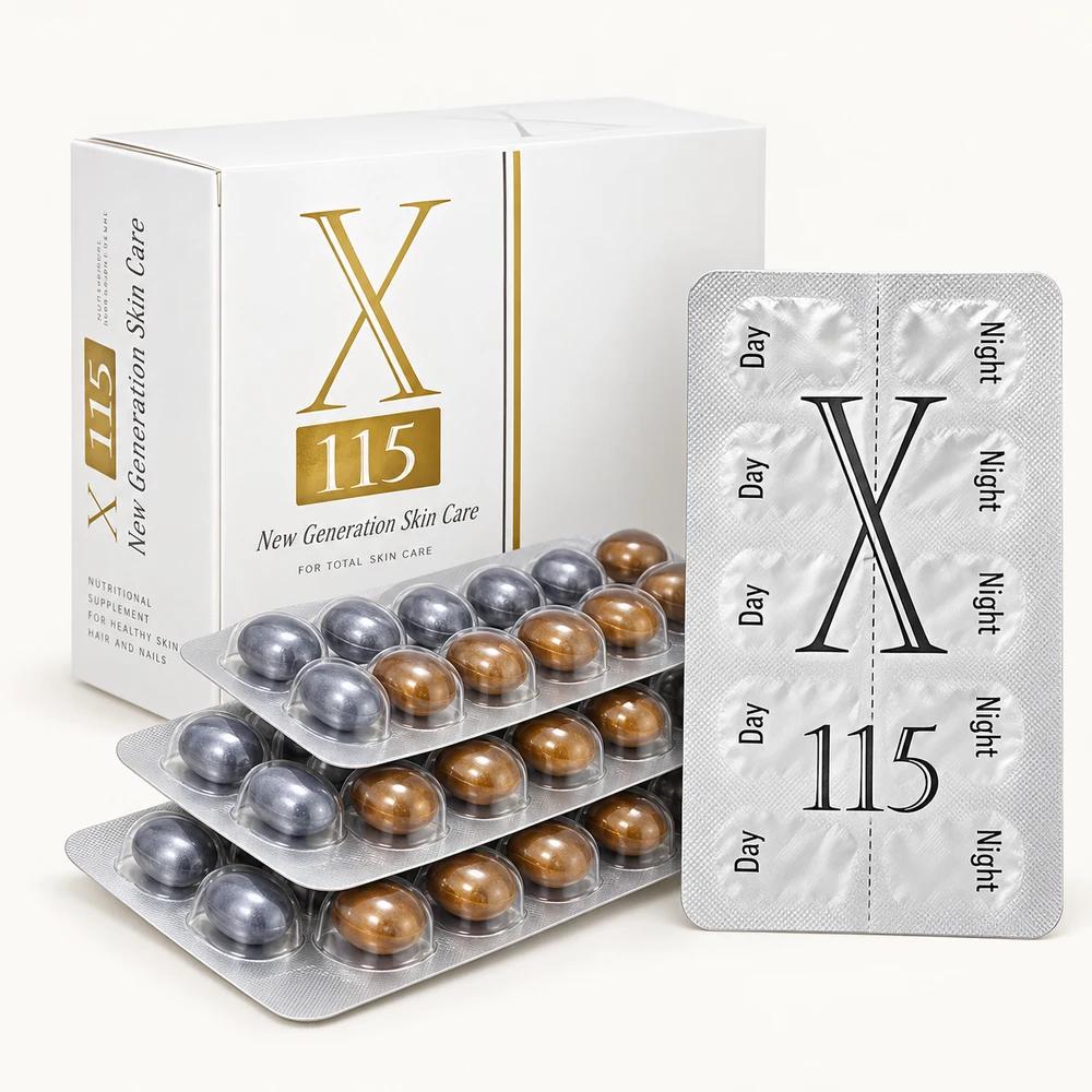 Ricostruzione del primo integratore X115, con confezione e blister Day e Night