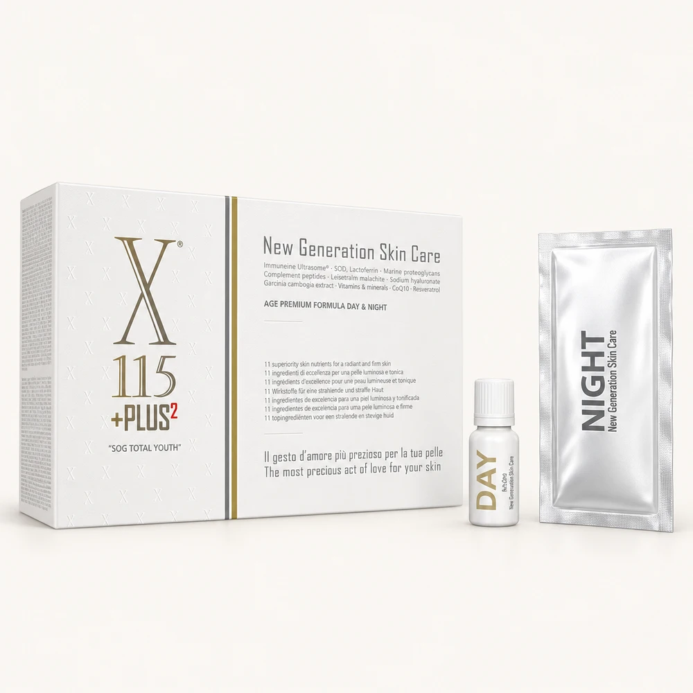 Ricostruzione X115 +PLUS2, confezione con flaconcino DAY bifasico e bustina NIGHT