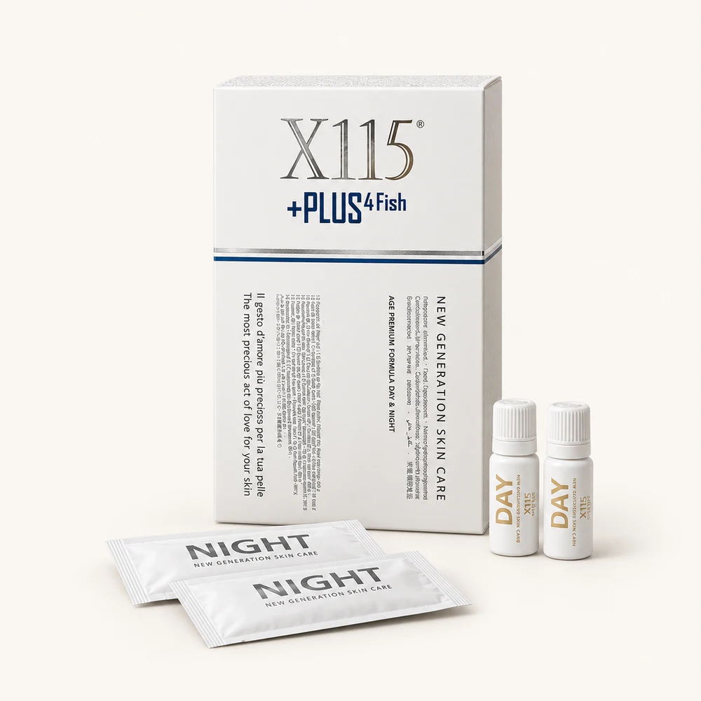 X115 +PLUS4 FISH, confezione con flaconcini DAY e bustine NIGHT