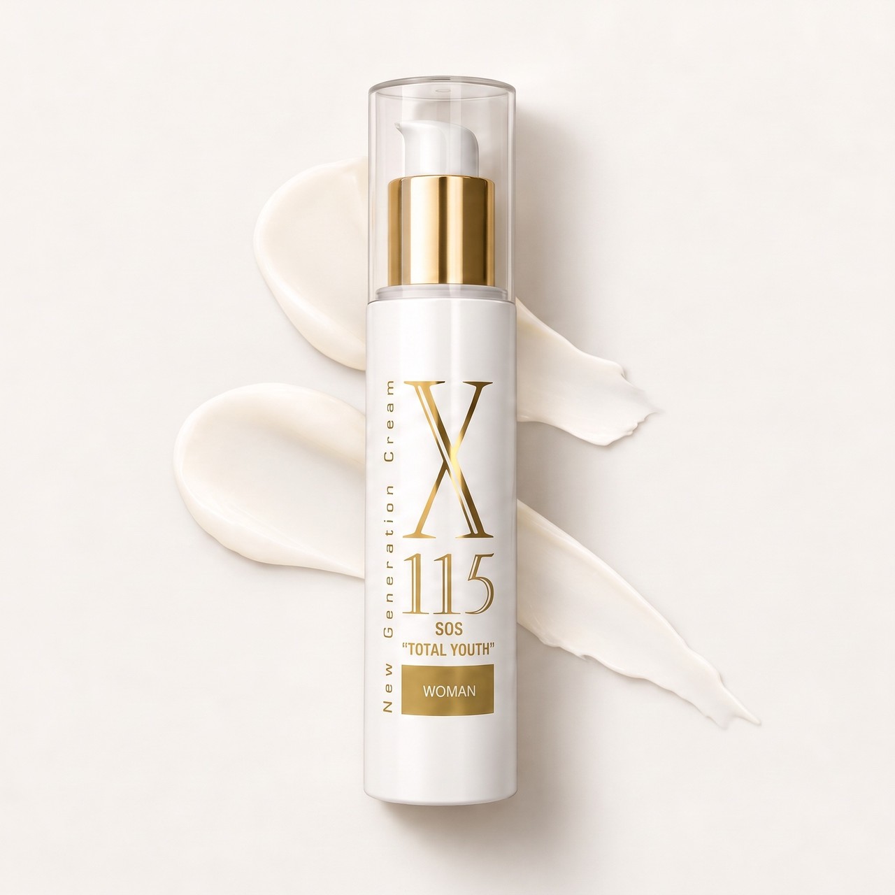 Flacone X115 WOMAN con due tracce di crema color avorio