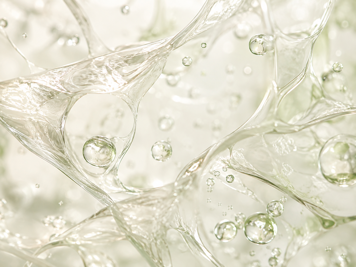 Visual materico con gocce e membrane traslucide che suggerisce idratazione cutanea