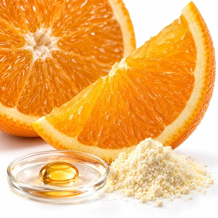 Agrume, polvere e goccia: immagine evocativa del complesso vitaminico