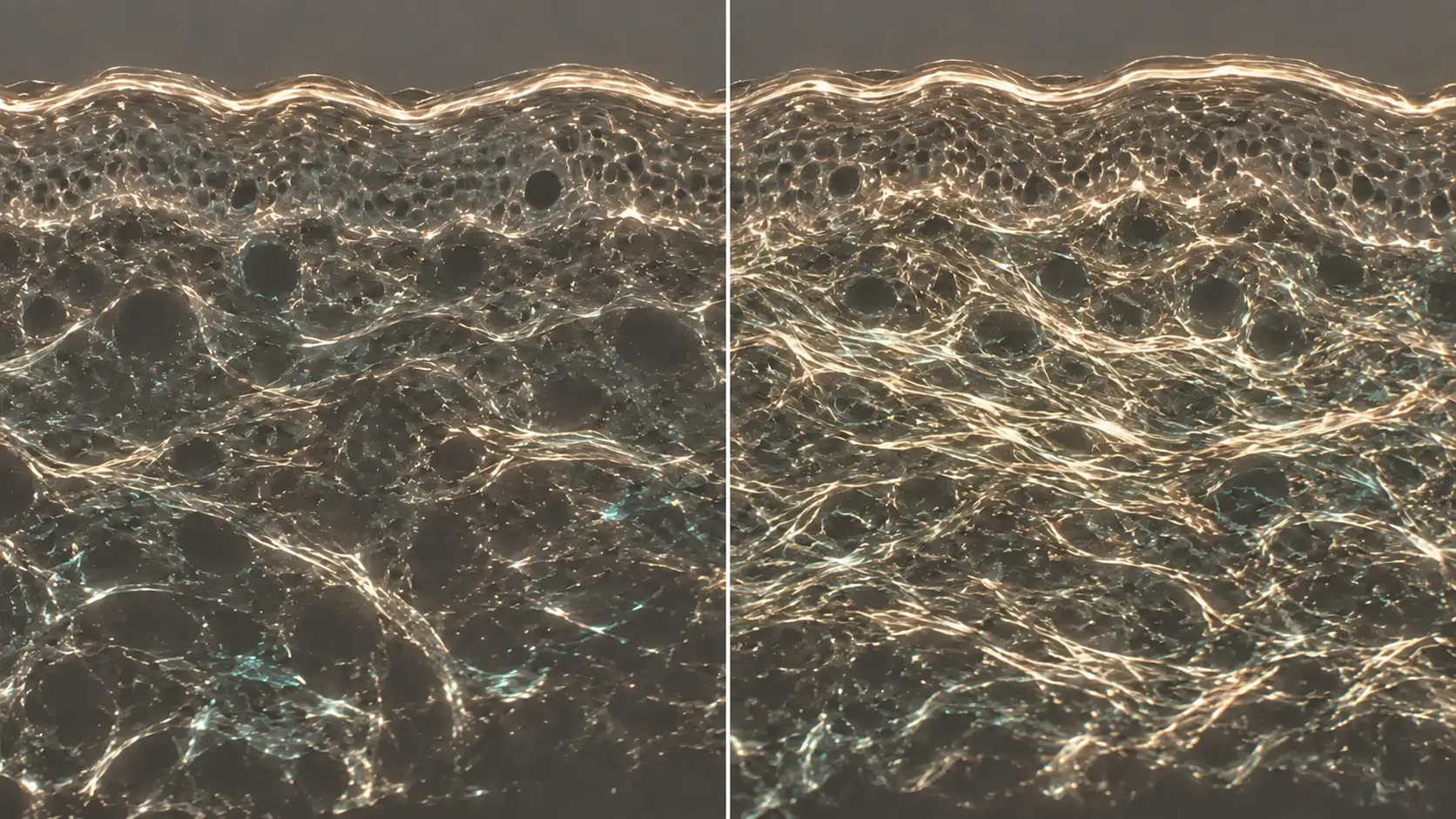 Ricostruzione illustrativa di imaging cutaneo con densità del collagene a T0 e T8