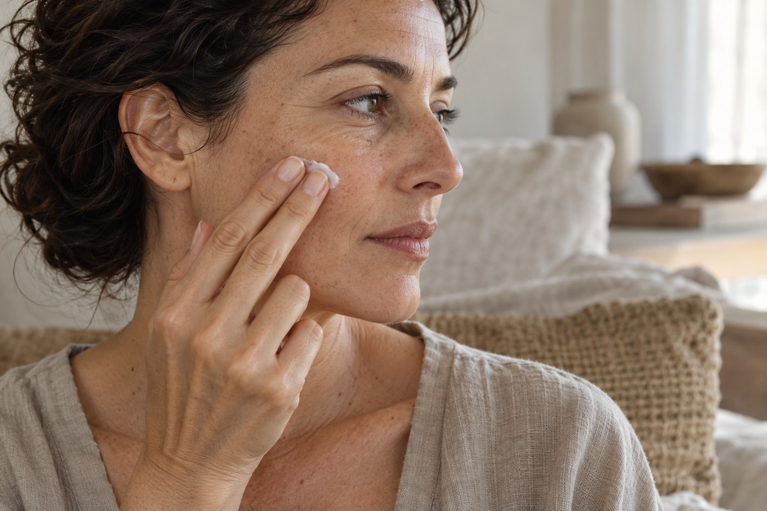 Donna che applica una crema sulla guancia, con texture naturale della pelle visibile