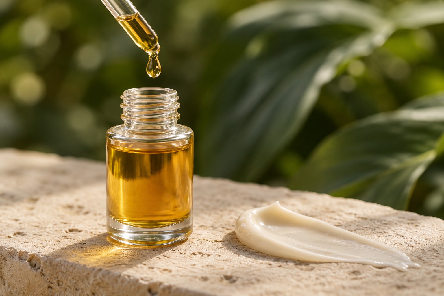 Olio cosmetico dorato in un flacone di vetro e texture di crema; immagine illustrativa