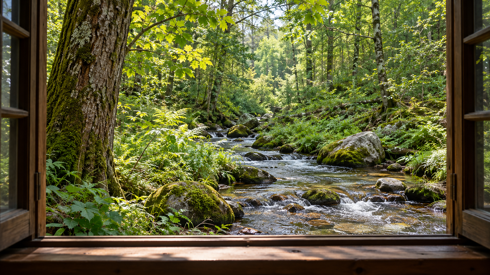 Una finestra aperta su un bosco verde attraversato da un piccolo torrente