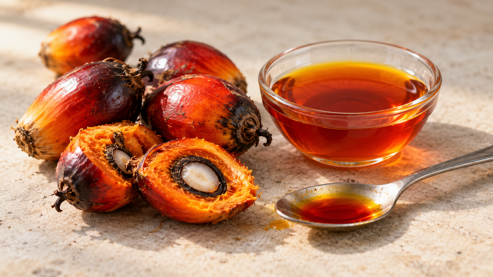 Frutti della palma da olio, uno aperto per mostrare polpa e seme, accanto a una ciotola di olio di palma rosso