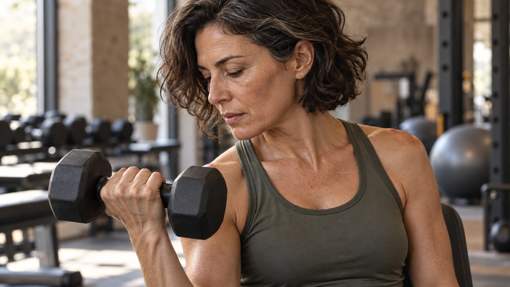 Una donna si allena con un manubrio in palestra; immagine illustrativa del legame fra attività fisica e pelle